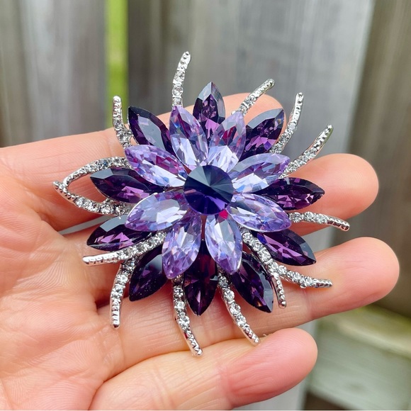 Large Purple Rhinestone Brooch Large Rhinestone Pin - Picture 1 of 5